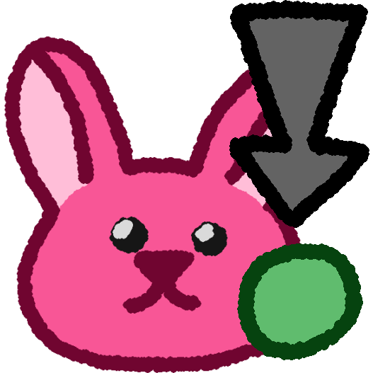 A cartoon pink bunny head has a green ball next to her with a grey arrow pointing down at it.